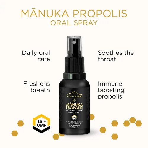 Vista 2 de Propolis - Spray oral UMF15+ – Miel de Manuka, clavo y menta, ambientador de aliento y soporte de comodidad oral, tamaño de viaje, 1 onza líquida