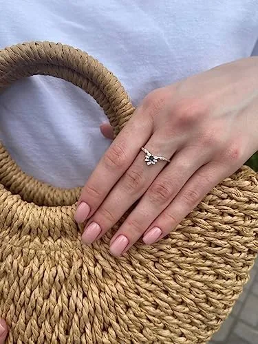 Vista 6 de Unique womens Black stone engagement ring in 925 silver, nature promise ring, women proposal ring, black stone ring, elegant ring for her