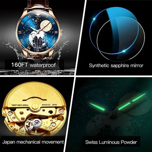 Vista 6 de OUPINKE Watches for Men Leather Automatic Moon Phases Japanese Movement Starry Mechanical Waterproof Business