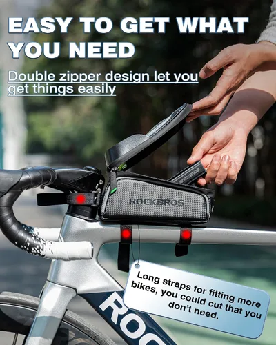 Vista 6 de ROCK BROS Bolsa para teléfono de bicicleta/bicicleta para estructura frontal, impermeable, bolsa de tubo, bolsa de ciclismo, accesorios