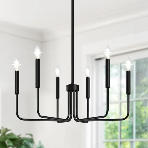 Vista 12 de Lynnoland - Candelabros de 6 luces de granja para comedor, accesorios de iluminación colgantes, lámparas industriales modernas para dormitorio Negro