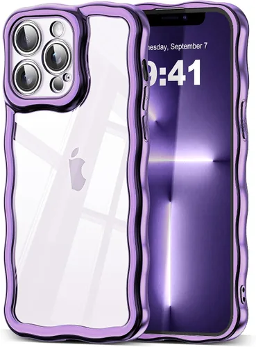 Vista 120 de SKYLMW Funda compatible con iPhone 12 Pro, diseño de ondas rizadas kawaii, borde chapado de lujo, elegante parte trasera transparente brillante, TPU