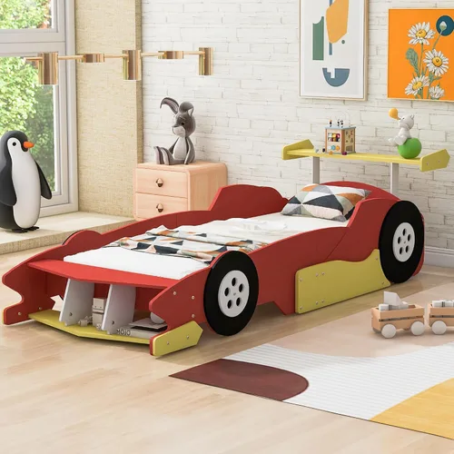 Vista 14 de Cama de plataforma en forma de auto de carreras de tamaño individual con ruedas, plataforma de madera con soporte de listones resistentes y rieles