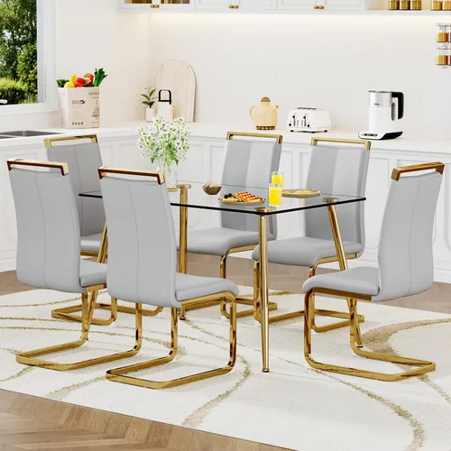 Vista 16 de Juego de mesa de comedor de vidrio Ebullient para 4, mesa de 51" de vidrio templado transparente con patas de metal negro y 4 sillas de acrílico