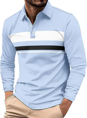 Vista 9 de Polo para hombre, manga larga, ajustado, a rayas, con cuello, talla grande, para golf y otoño