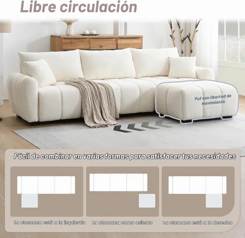Vista 4 de Merax Moderno juego de sofá Boucle en forma de L con una otomana móvil y almohadas, sofá modular de 4 asientos con asiento extragrande para sala