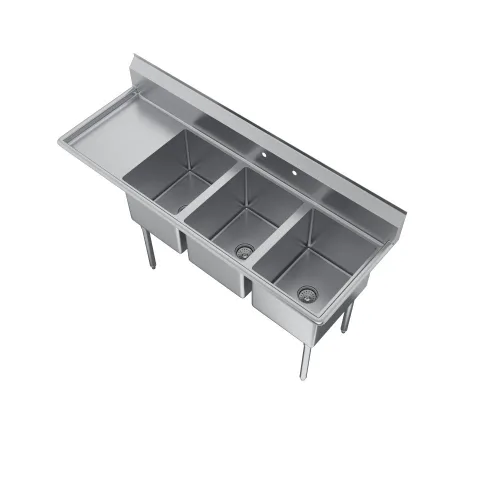 Vista 6 de Elkay Foodservice Fregadero de 3 compartimentos, OA de 58.5 x 29.75 pulgadas, altura de trabajo de 36 pulgadas, cuenco de 18 x 24 pulgadas, 14