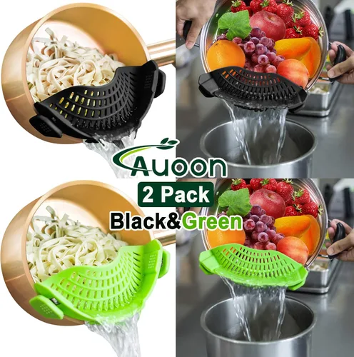 Vista 2 de AUOON - Colador con clip para todas las ollas, colador de silicona para pasta, colador de cocina para drenar fideos, grasa de carne molida