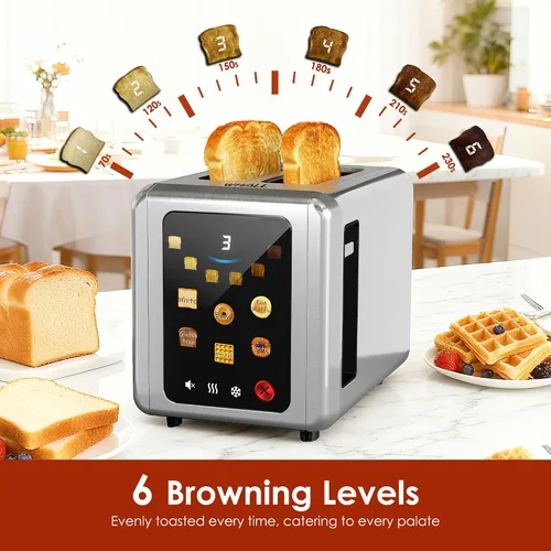 Vista 5 de WHALL Tostadora de pantalla táctil completa de 2 rebanadas, tostadora de acero inoxidable con ranura de 1.5 pulgadas de ancho con temporizador