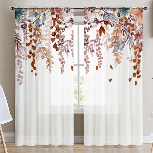 Vista 3 de Hexagram - Cortinas de otoño para sala de estar de 63 pulgadas de largo, juego de 2 paneles - Cortinas traslúcidas para sala de estar