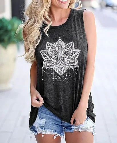 Vista 2 de BOMYTAO Camiseta sin mangas con diseño de mandala de loto para mujer, diseño de geometría sagrada, para meditación, regalo