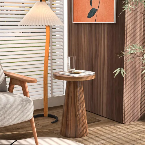 Vista 3 de Pequeña mesa auxiliar redonda con pedestal, mesa auxiliar de madera para sala de estar, mesa de bebidas acanalada para espacios pequeños, mesa Nogal