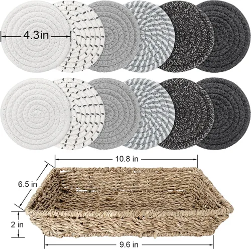 Vista 2 de 12 posavasos tejidos de algodón para bebidas con cesta (negro) 4.3" absorbent cotton woven coasters with 0.35" thick design; helps protect wooden