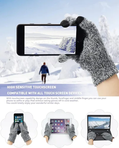 Vista 3 de Conjunto de guantes de punto cálido de invierno para mujer con forro polar y forro de calavera para mujer