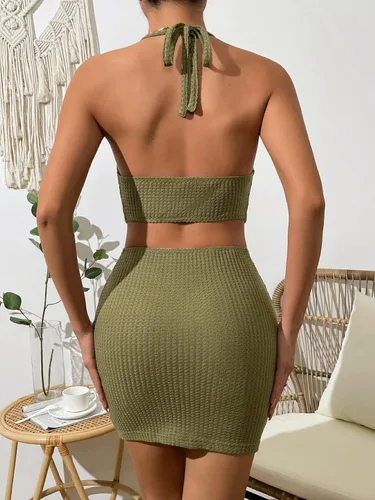 Vista 2 de SHENHE Minivestido drapeado con cuello de gofre y espalda descubierta para mujer
