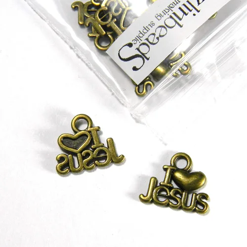 Vista 2 de 30 dijes de joyería cristiana I Love Jesus con base de estaño chapado en corazón (chapado en bronce antiguo)