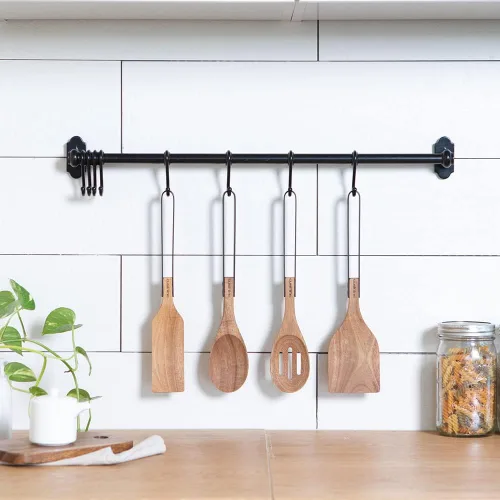 Vista 3 de Utensilios de madera para cocina de madera de acacia, hermoso diseño moderno, cabezales de madera rústica y asas de acero inoxidable, resistentes a