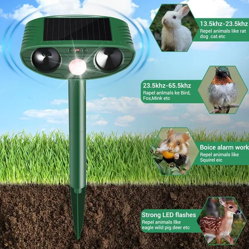 Vista 3 de Repelente de gatos para exteriores, paquete de 2 repelentes solares de animales, disuasorio ultrasónico para gatos con sensor de movimiento PIR
