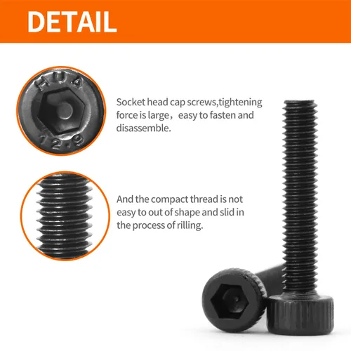 Vista 3 de Tornillos de cabeza hexagonal M3 x 4 mm, 6 mm, 8 mm, 10 mm, 12 mm, pernos de acero de aleación de grado 12.9, acabado de óxido negro, unidad