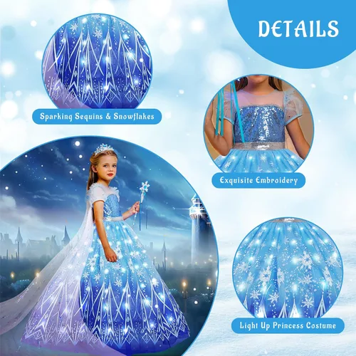 Vista 5 de CIYTI Disfraz de Halloween iluminado para niñas, vestido de princesa de nieve, disfraz de Navidad de hielo con accesorios, azul