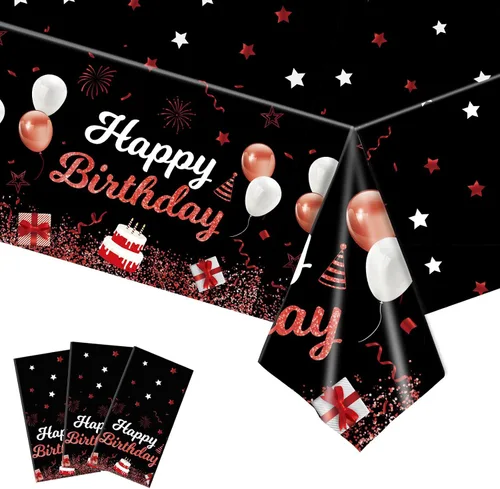 Vista 11 de MRJ Black Party Supplies - Paquete de 3 manteles de feliz cumpleaños con estrellas rosas y negras, decoraciones perfectas para fiestas de cumpleaños