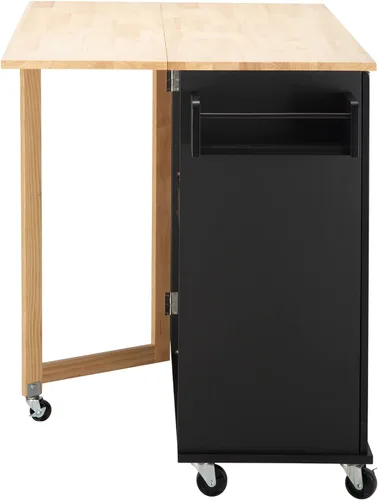 Vista 8 de Isla de cocina con mesa de madera de goma extensible, carrito de servicio móvil para microondas con estante de especias y asa, carrito grande