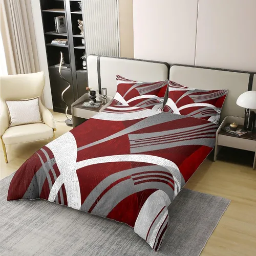 Vista 2 de jejeloiu Juego de funda de edredón a rayas 100% algodón, diseño geométrico, 100% algodón, decoración de habitación, diseño geométrico, rojo y gris