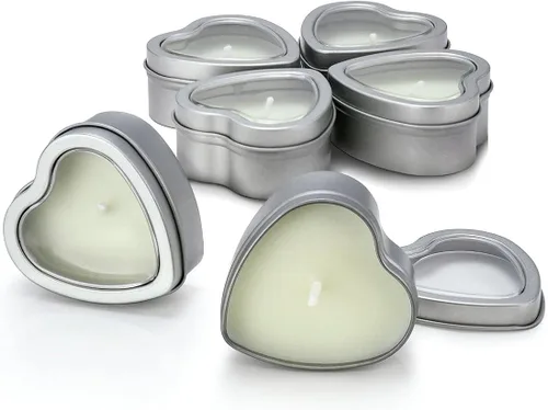 Vista 9 de Velas perfumadas de cera de soja con forma de corazón, 6 unidades Lata de viaje de metal plateado de 6 horas de tiempo de combustión para spa