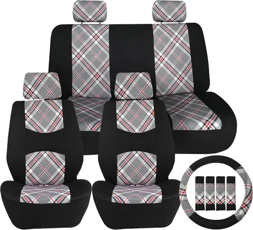 Vista 2 de TLH Fundas universales para asientos de automóvil Tartan57 estampado a cuadros beige, juego completo de fundas para asientos en tela plana