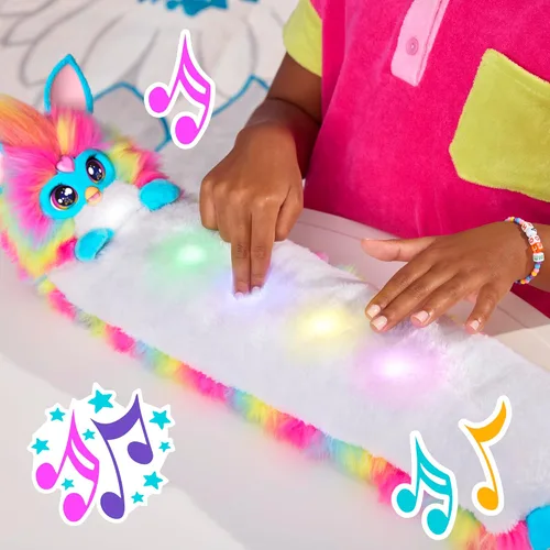 Vista 8 de FURBY Juguete Interactivo DJ, Peluche Electrónico Súper Suave Arcoíris con Música, Luces, Movimiento y Juegos, Habla Inglés y Furbish, 32 Pulgadas