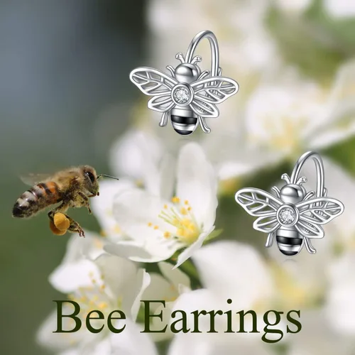 Vista 6 de Aretes de plata de ley con diseño de abeja, chapados en oro, aretes colgantes con cierre de palanca para mujeres, regalos de joyería para mujeres