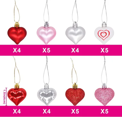 Vista 2 de Decoraciones para el día de San Valentín, decoración de corazón, 36 piezas de adornos de plástico rojo, plateado, rosa, blanco, árbol de Navidad