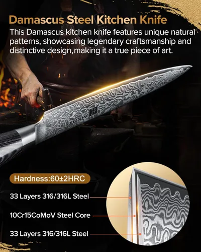 Vista 2 de XINZUO Cuchillo de cocina para pelar, cuchillo de acero de Damasco súper afilado de 5 pulgadas, cuchillo de frutas, mango de madera de Pakkawood