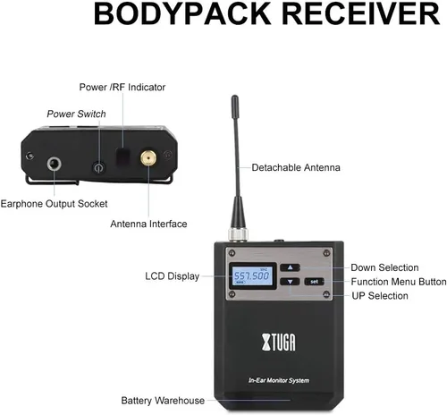 Vista 5 de XTUGA IEM1100 Wireless in Ear Monitor System, UHF IEM System (1 Bodypack) Single Channel, 250FT Operating Range, Compact Mono Professional In Ear