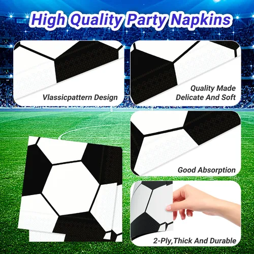 Vista 4 de Paquete de 120 piezas de suministros de fiesta de fútbol, platos de papel, servilletas, tenedores, decoración de cumpleaños para niños para 30