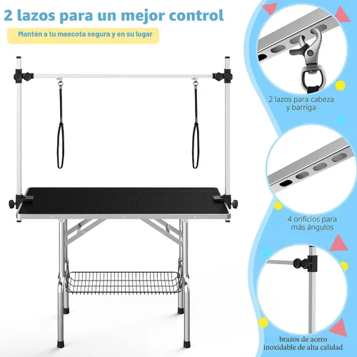 Vista 2 de Lyromix Mesa de Aseo para Perros Grande de 36'', Escritorio de Secado para Gatos Ajustable con Brazos, Lazos, Bandeja de Malla, Estación Plegable