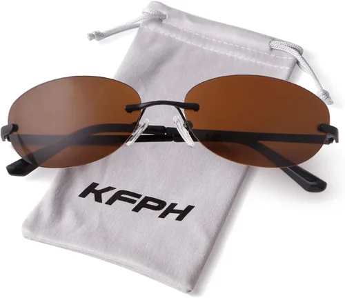 Vista 8 de KFPH Gafas de sol ovaladas pequeñas sin montura Y2K a la moda vintage de los años 90, gafas de sol con marco para mujeres y hombres futuristas