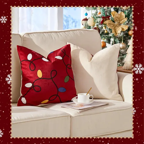 Vista 8 de jinchan Fundas de almohada navideñas de 20 x 20 pulgadas, fundas de almohada rojas navideñas con estampado de luces de cascabel, decoración