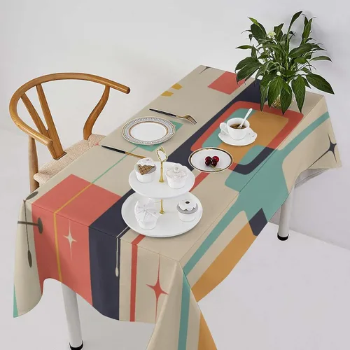 Vista 37 de Mantel retro moderno de mediados de siglo, diseño de colores retro de los años 50, resistente al agua, mantel lavable para cocina, comedor, fiesta
