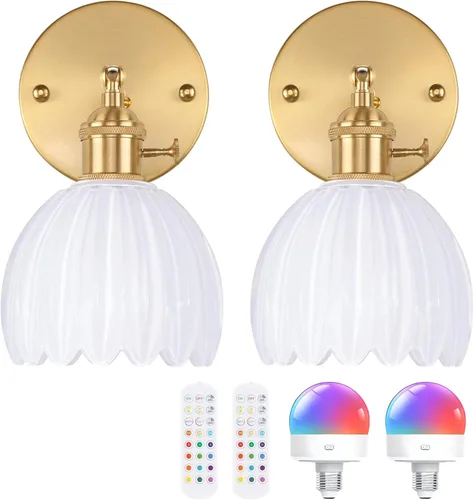 Vista 22 de Shenmoyl Aplique de pared vintage a pilas con bonita pantalla de vidrio de tulipán blanco, inalámbrico, recargable, luz de pared funciona
