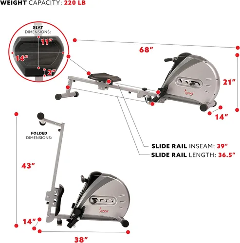 Vista 4 de Sunny Health & Fitness Ergometro de remo para máquina de remo con monitor digital, riel deslizante inclinado, peso máximo de 220 libras y plegable