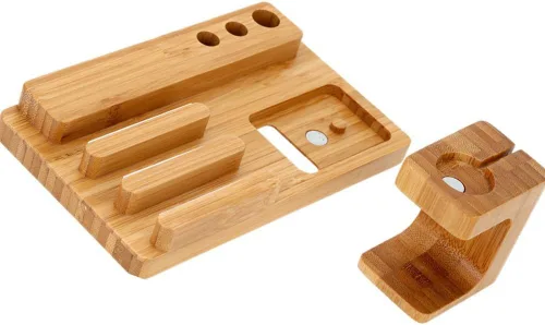 Vista 9 de Estación de carga de escritorio multidispositivo de madera de bambú Soporte de carga para iPhone 16 15 14 13 12 11 Pro Max iWatch 2 3 4 5 compatible
