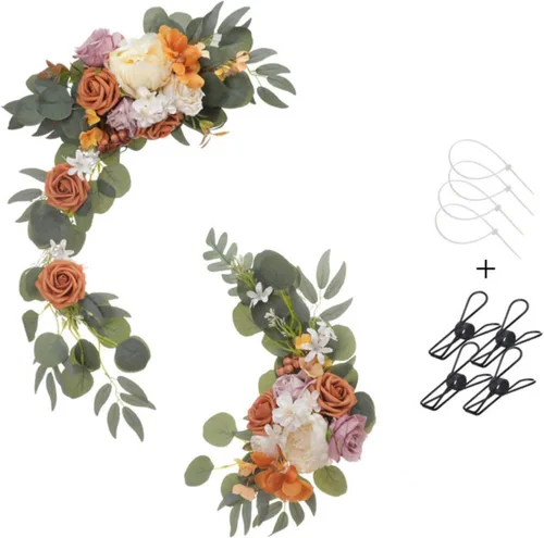 Vista 4 de Botín de flores artificiales rojas (juego de 2) para letrero de bienvenida, arco de boda, decoración floral, decoración de boda, ceremonia, Borgoña