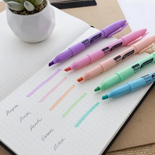 Vista 6 de BAZIC PRODUCTS Resaltadores pastel surtidos, estilo bolígrafo, clip de bolsillo, punta de cincel, 5 unidades, tinta pastel de secado rápido