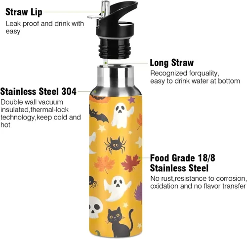 Vista 3 de Cute Halloween Orange Stainless Steel Vacuum Insulated Water Bottle 20 Oz, BPA-Free Sport Water Bottle Insulated Leakproof Water Bottles