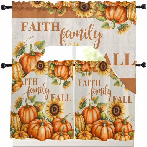 Vista 9 de Cortinas de cocina con cenefa de girasol y calabaza, cenefa con bolsillo para barra, paneles de cortina para dormitorio, sala de estar, baño