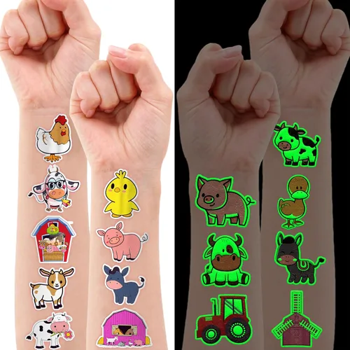 Vista 2 de 96 tatuajes temporales de animales de granja brillantes Pegatinas luminosas de tractor de granja para niños, recuerdos y decoraciones de fiesta