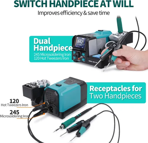 Vista 4 de YIHUA 982D-I PRO Estación de soldadura de pinzas calientes de precisión 2 en 1 con microsoldador con 10 cartuchos de punta, interfaces de operación
