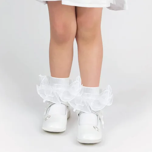 Vista 4 de 2 pares de calcetines con volantes de encaje doble para niñas, calcetines de encaje blanco princesa para niñas pequeñas