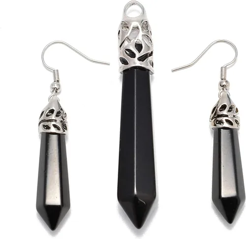 Vista 5 de AD Beads - Juego de colgante y aretes con piedras preciosas naturales hexagonales con punta, chakra Reiki Negro ágata